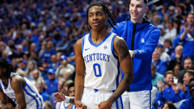Jan 9, 2024; Lexington, Kentucky, USA; Kentucky Wildcats guard Rob Dillingham (0) celebrates during the second half against the Missouri Tigers at Rupp Arena at Central Bank Center. Mandatory Credit: Jordan Prather-USA TODAY Sports